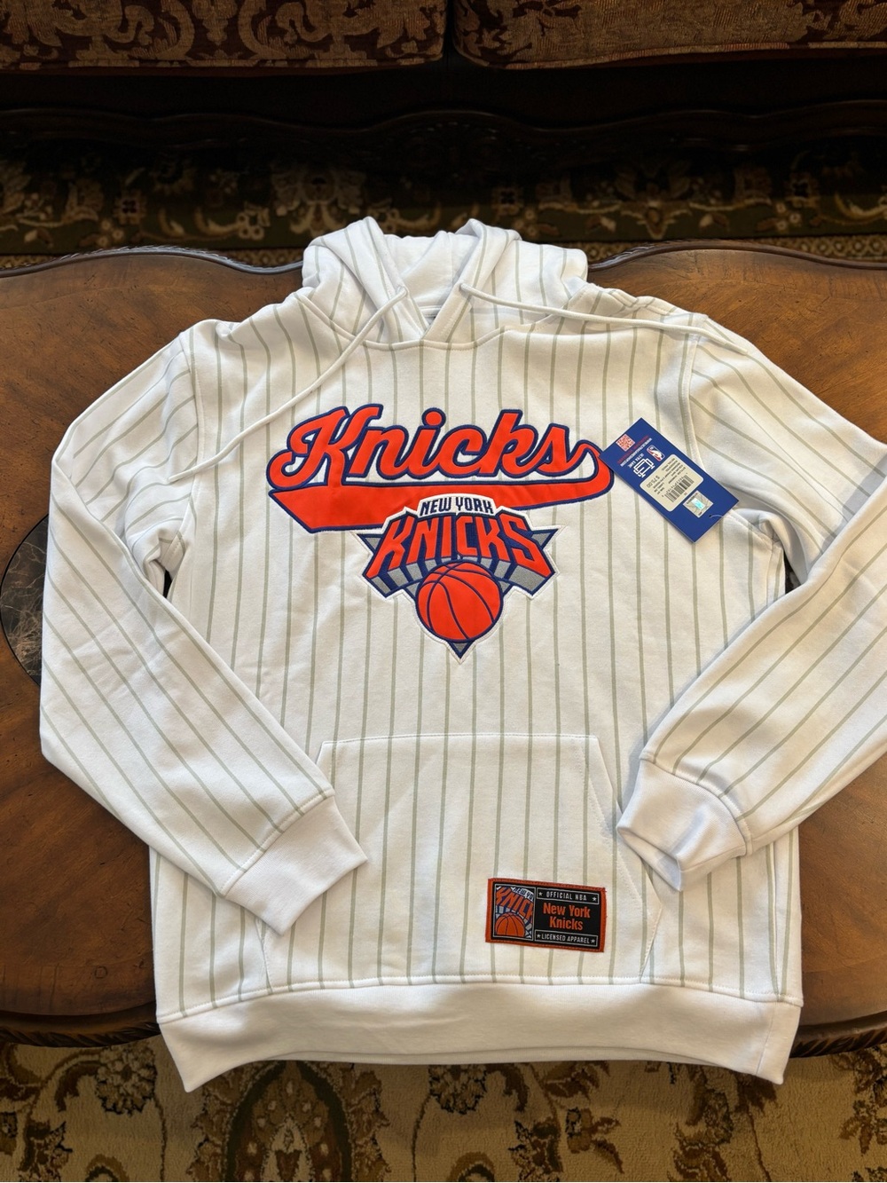 New York Knicks White Pinstripe Hoodie with Orange & Blue Logo Size Medium